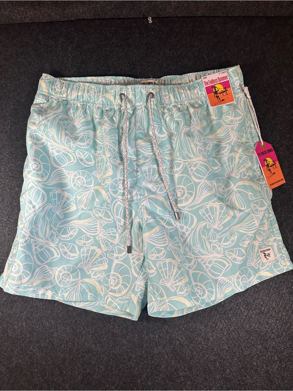 The Endless Summer Men's Large Aqua Volley Swim Shorts Seashell Print 17"